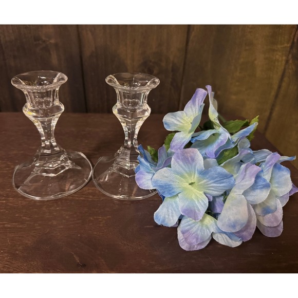 Other - Set of 2 Clear Crystal Glass Taper Candle Holders Hexagonal Base Elegant